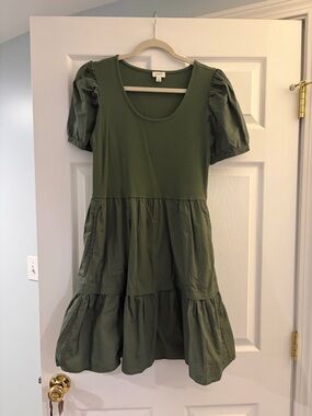 J. Crew Olive Green Puff-Sleeve Tiered Casual Dress